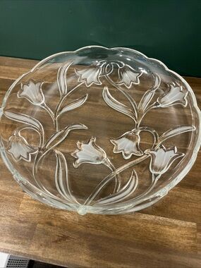 Clear Glass Floral Serving Bowl with White Accents